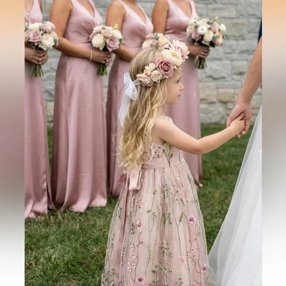 Floral Embroidered Pink Flower Girl Dress 4T - Picture 3 of 14